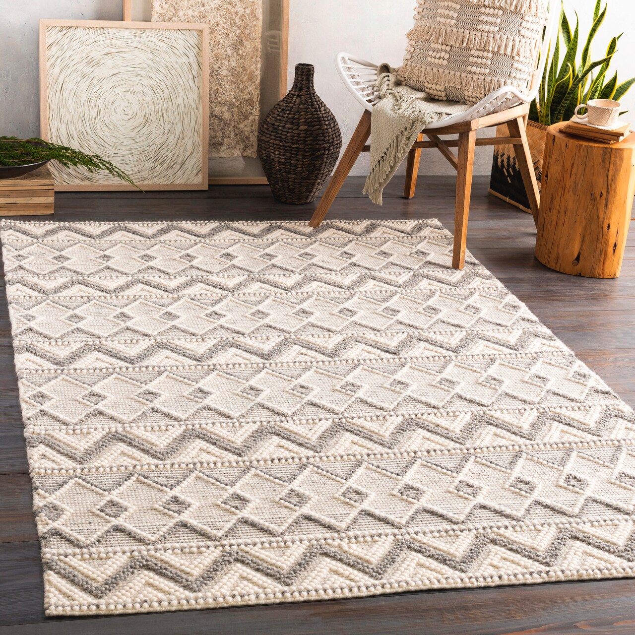 Tiwari Home 8' x 10' Scandinavian Design Beige and Gray Rectangular Hand Woven Wool Area Throw Rug
